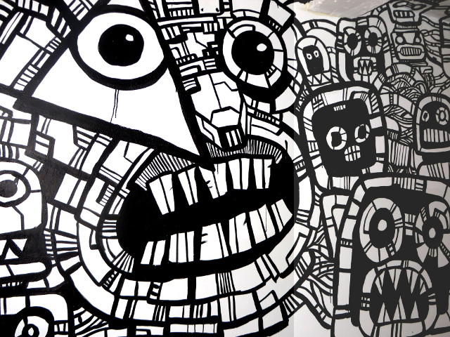 mural art, graffiti, robot monsters,ink drawing
